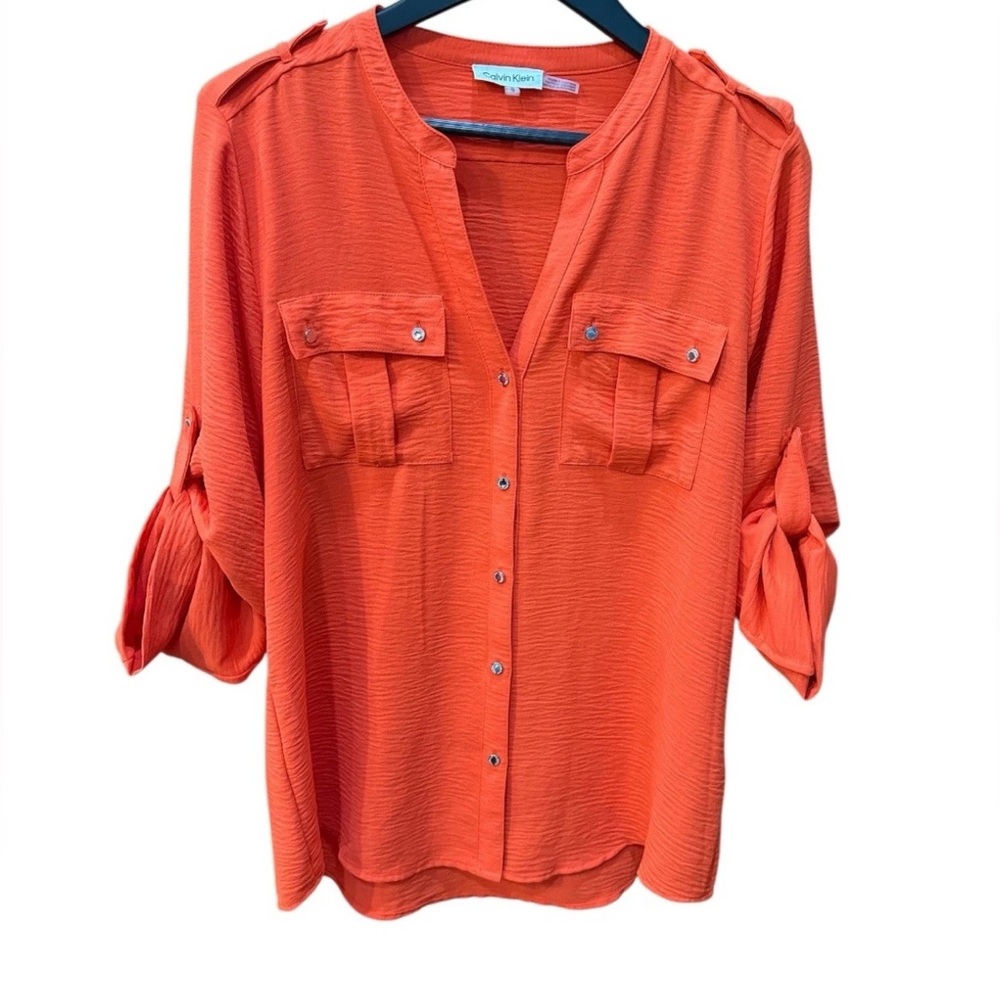 Calvin Klein Orange Button Up L Top Office Blouse Career Roll Tab Sleeves Chic